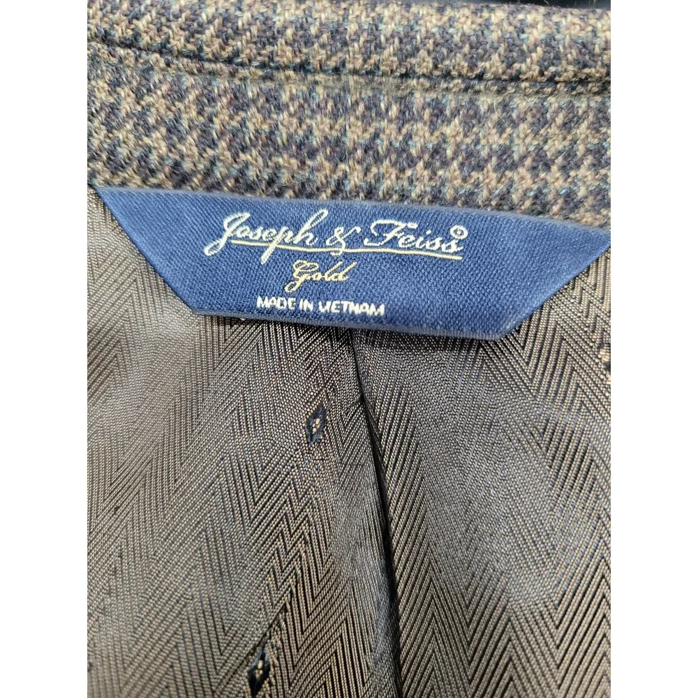 Joseph & Feiss Blazer Men 44 Long Brown Good Lambswool‎ Houndstooth Gold Jacket
